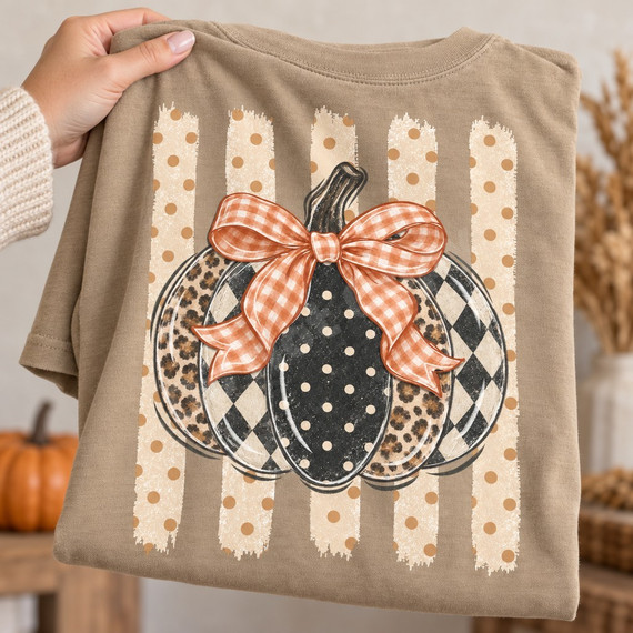 Fall DTF transfer featuring a layered pumpkin design with leopard print, harlequin, and polka-dot sections topped with an orange gingham bow on a tan polka-dot striped background Shown on a Khaki t-shirt.