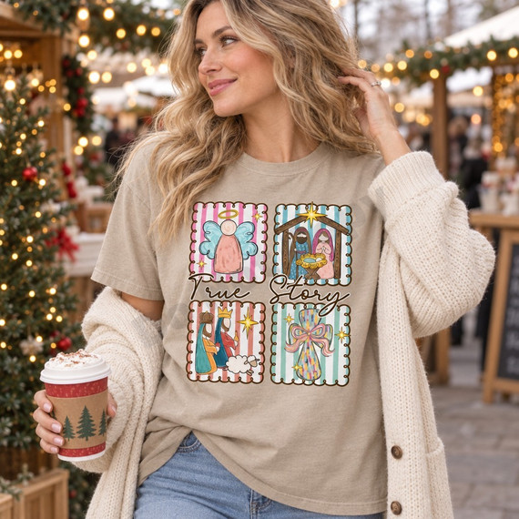 True Story Christmas DTF transfer with four-panel pastel striped scalloped frames featuring an angel, nativity scene, three wise men with lamb, and ribbon-wrapped cross Shown on a Sandstone t-shirt.