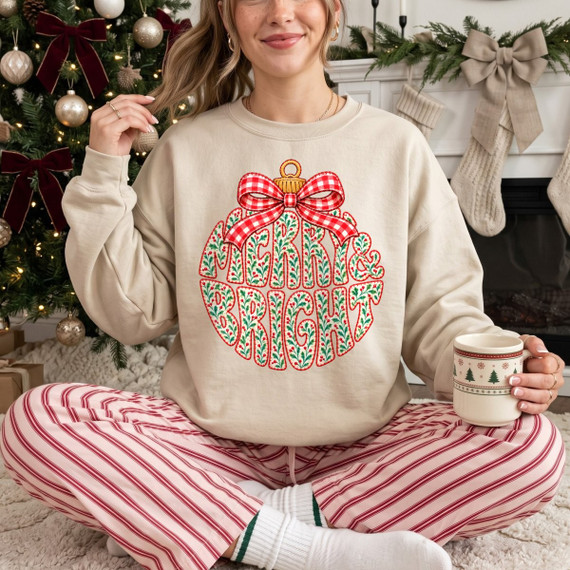 Merry & Bright DTF transfer shaped like a Christmas ornament with a red gingham bow and floral holly lettering