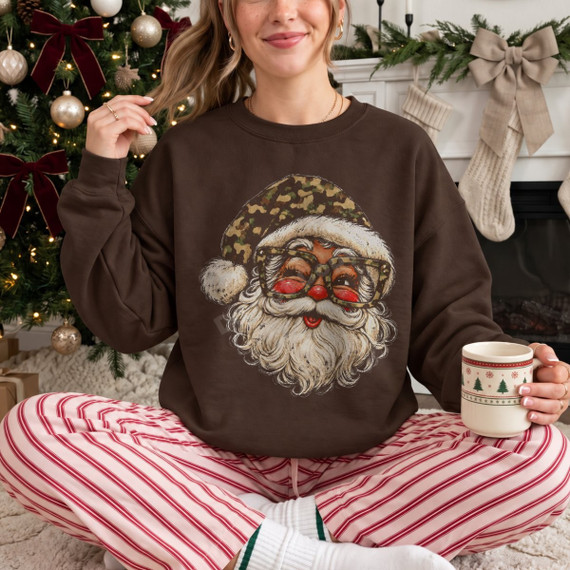 Camo Santa DTF transfer with distressed camouflage hat, matching camo sunglasses, and fluffy white beard design
