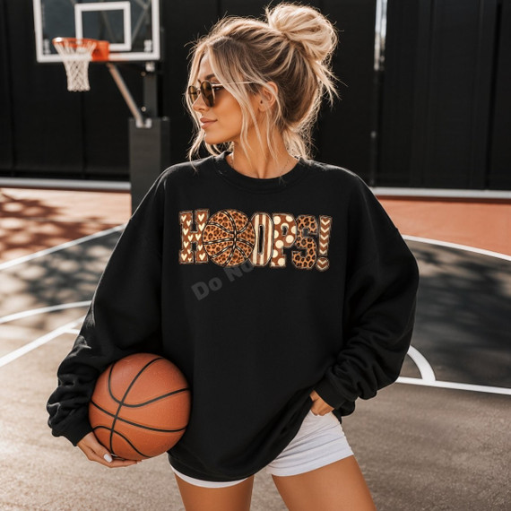 HOOPS basketball DTF transfer in leopard print, polka dot, and heart pattern lettering with a leopard print basketball