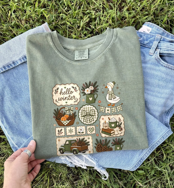 Hello Winter DTF transfer with cottagecore-style grid of green gingham bows, a scarfed goose, pinecone truck, winter florals, and cozy cocoa graphics