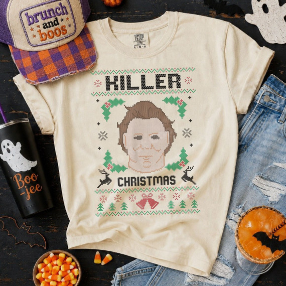 Killer Christmas ugly sweater style DTF transfer with faux-knit horror movie villain portrait, holly, and reindeer graphics