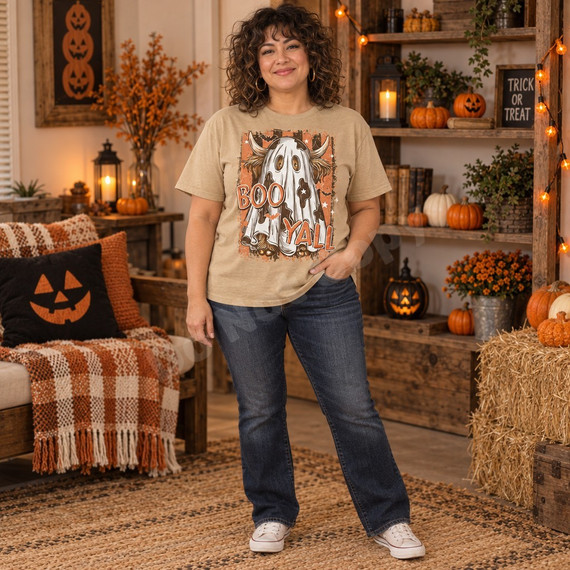 Boo Yall DTF transfer featuring a sheet ghost with cow horns, ears, and hooves on an orange-striped background with bats and stars Shown on a Khaki t-shirt.