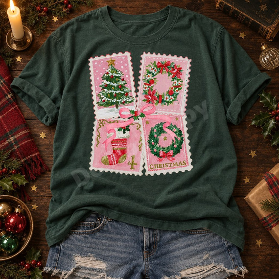 Vintage postage-stamp collage DTF transfer in soft pink tones featuring a Christmas tree, poinsettia wreath, stocking, and holly wreath tied with a pink ribbon bow Shown on a Blue Spruce t-shirt.