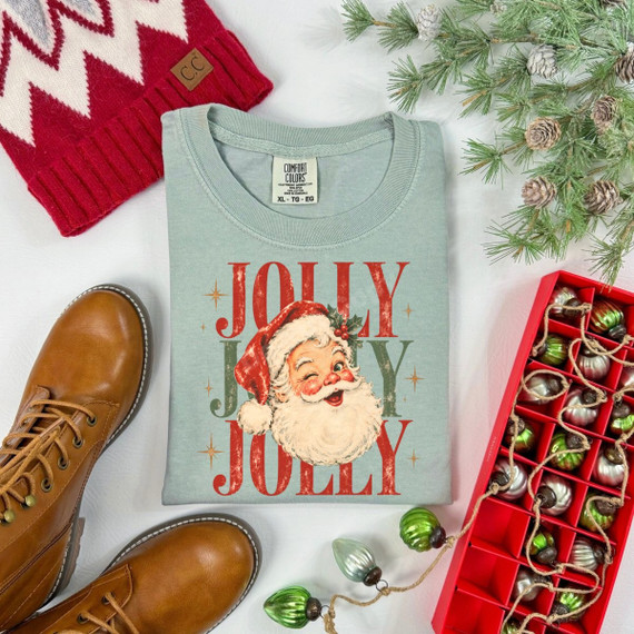 Jolly Jolly Jolly DTF transfer with retro winking Santa Claus face in distressed red and green lettering