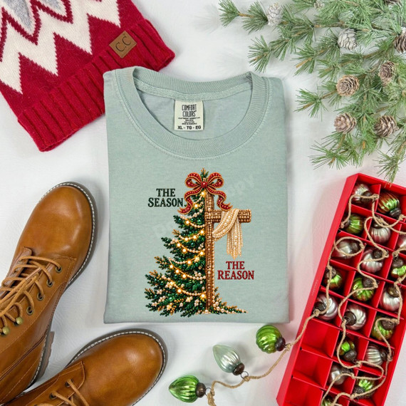 The Season The Reason Christmas DTF transfer with a jeweled Christmas tree and pearl-draped cross design