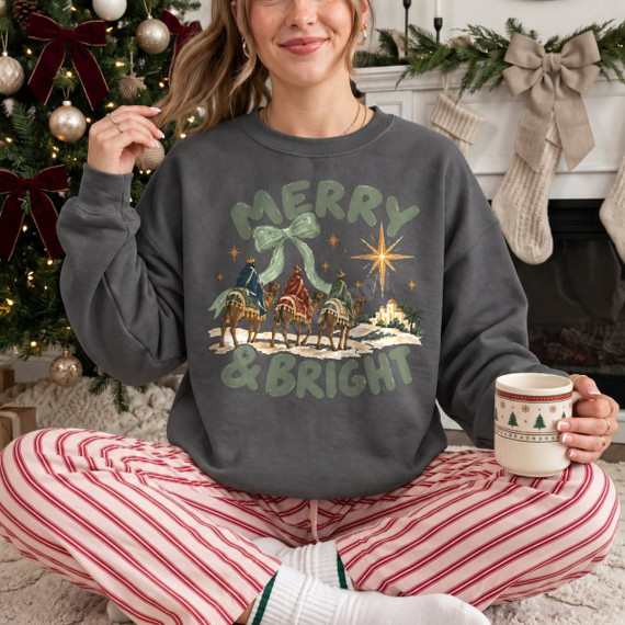 Merry & Bright Christmas DTF transfer with the Three Wise Men on camels, Bethlehem star, and sage green bow lettering