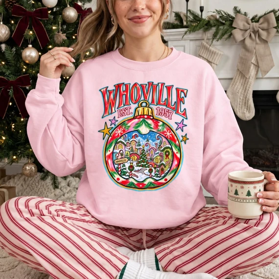 Whoville Est. 1957 Christmas DTF transfer with ornament-shaped winter village scene in retro colorful lettering