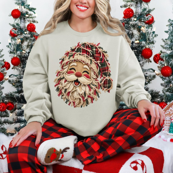 Santa Claus DTF transfer with embroidered-look chenille texture, plaid hat, and twinkle light beard detail on a sweatshirt