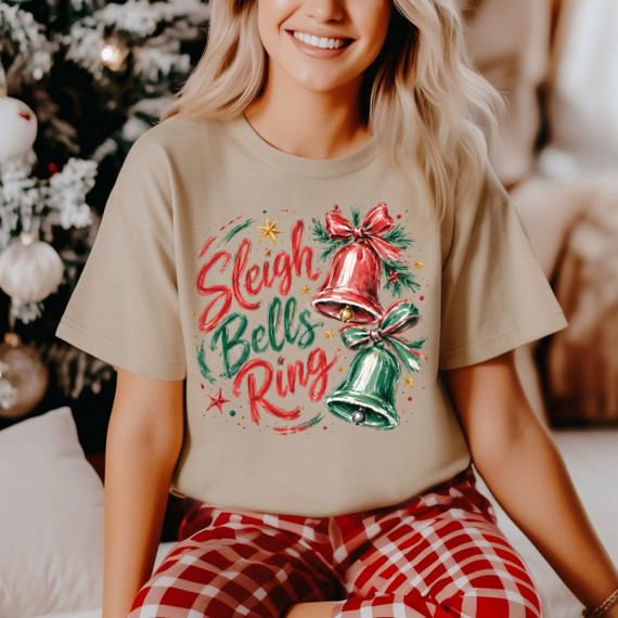 Sleigh Bells Ring Christmas DTF transfer with hand-painted red and green bells, bows, and stars