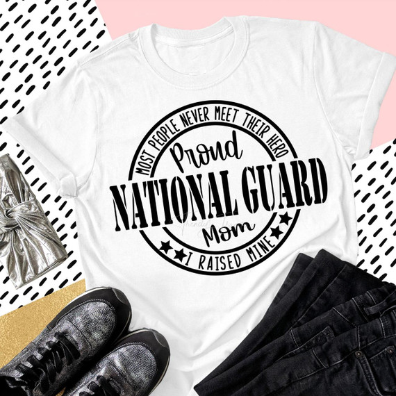 Proud National Guard Mom Military Civil Servants Sublimation Transfer, a white t-shirt with a black circular text design dedicated to proud mothers of National Guard heroes.