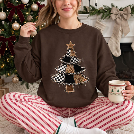 Patchwork Christmas Tree DTF Transfer | Checkered & Leopard Print Holiday Design