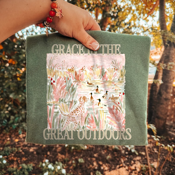 Grace In The Great Outdoors DTF transfer with watercolor hunting dog, ducks, and marsh pond artwork