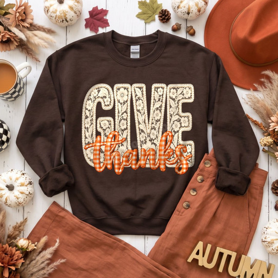 Give Thanks DTF transfer with lace-print floral lettering and orange plaid script, Thanksgiving fall design