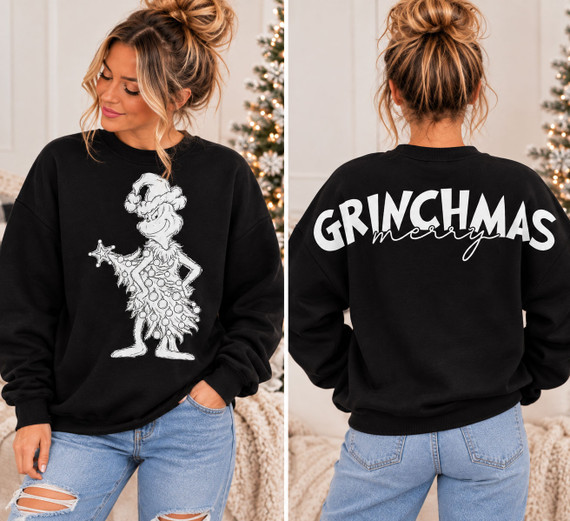 Black Grinchmas sweatshirt with front Grinch Christmas tree design and oversized back Grinchmas graphic