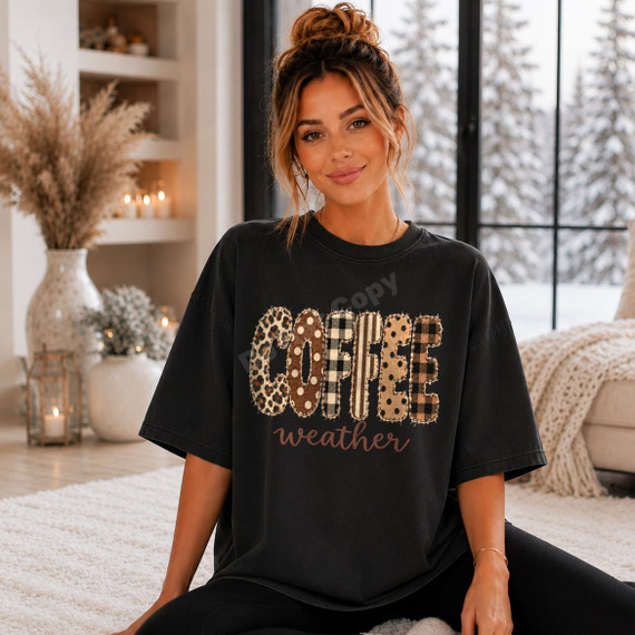 Coffee Weather DTF transfer with faux patchwork leopard, plaid, gingham, and polka dot lettering and brown script text on a black shirt