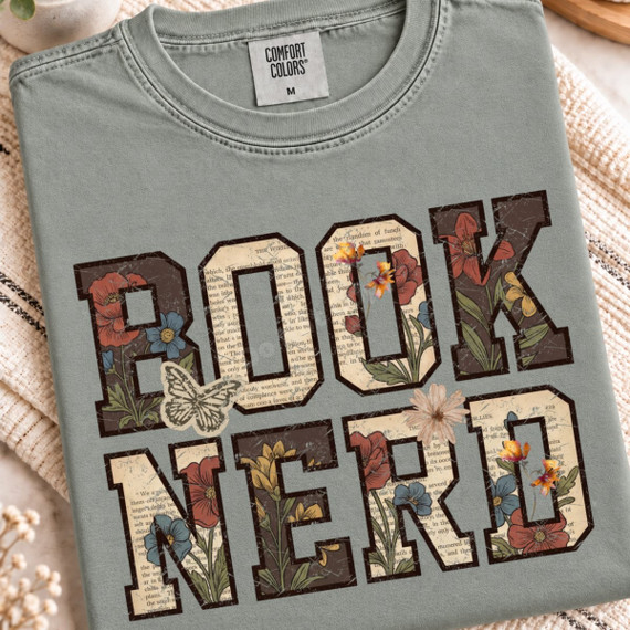 Book Nerd DTF transfer in collegiate varsity letters filled with vintage book page print, florals, and a butterfly accent
