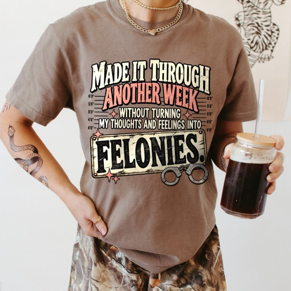 Made It Through Another Week Without Turning My Thoughts and Feelings Into Felonies DTF transfer with mugshot height chart and handcuffs graphic
