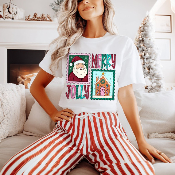Merry Jolly Christmas DTF transfer with retro postage stamp style Santa Claus and gingerbread house graphics in pink, green, and red