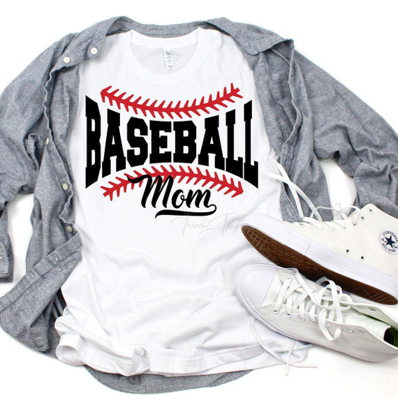 Baseball Mom Sublimation Transfer, custom baseball-themed t-shirt with the word 'Baseball' and 'Mom' printed on it, surrounded by red baseball stitching design.