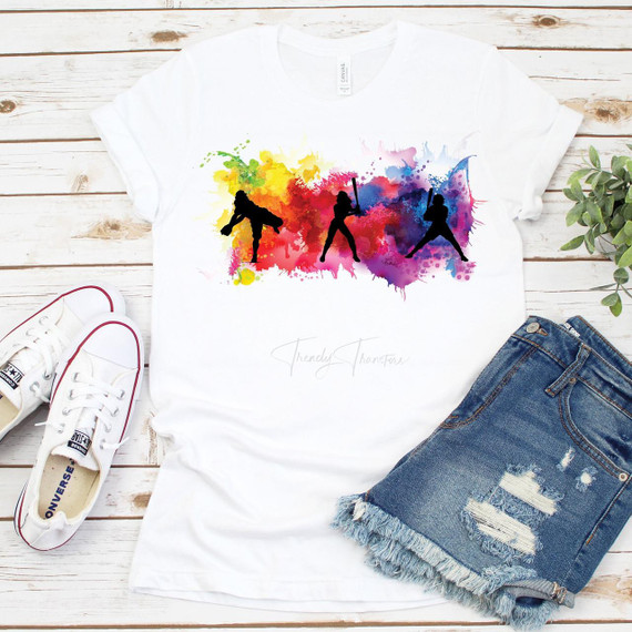Watercolor Softball Silhouette Sublimation Transfer, a colorful watercolor splash and silhouettes of three softball players in various action poses on a white T-shirt.