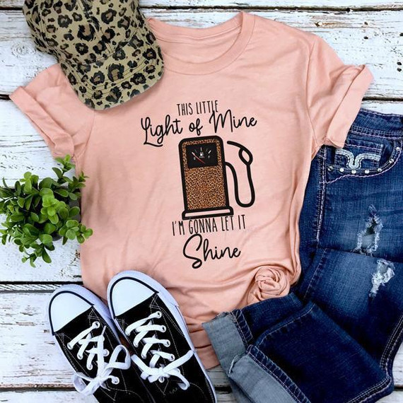 This Little Light of Mine I'm Gonna Let it Shine Leopard Screen Print Transfer, pink t-shirt with a leopard print fuel pump graphic and text design.