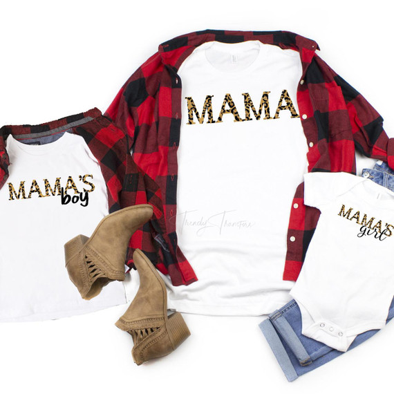 Leopard Mama's boy Mommy and Me Sublimation Transfer, matching family t-shirts with leopard print 'MAMA' text and 'boy' details, paired with brown ankle boots and casual denim shorts.