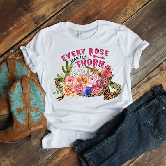 Every Rose Has Its Thorn Fan Art Lyric Sublimation Transfer T-Shirt, white t-shirt with floral and cactus design and text