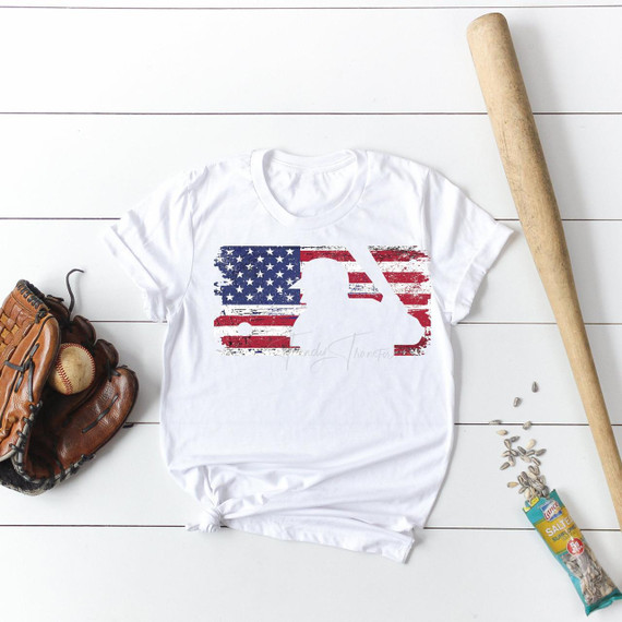 MLB flag with ball and player cutout sublimation transfer, sports-themed product featuring American flag design on a T-shirt