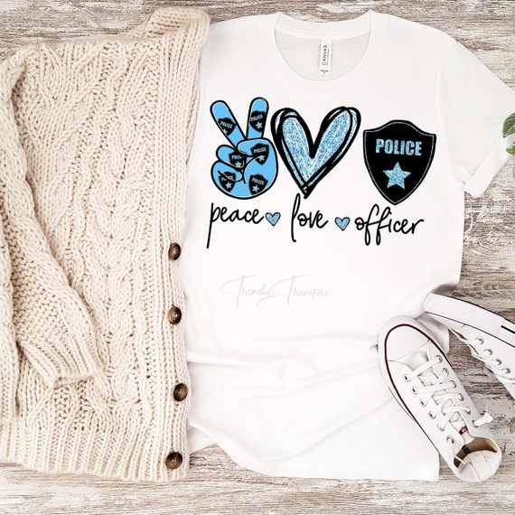 Peace Love Officer glitter heart Sublimation Transfer, colorful graphic T-shirt with peace symbol, heart, police badge design, and the words peace, love, officer.