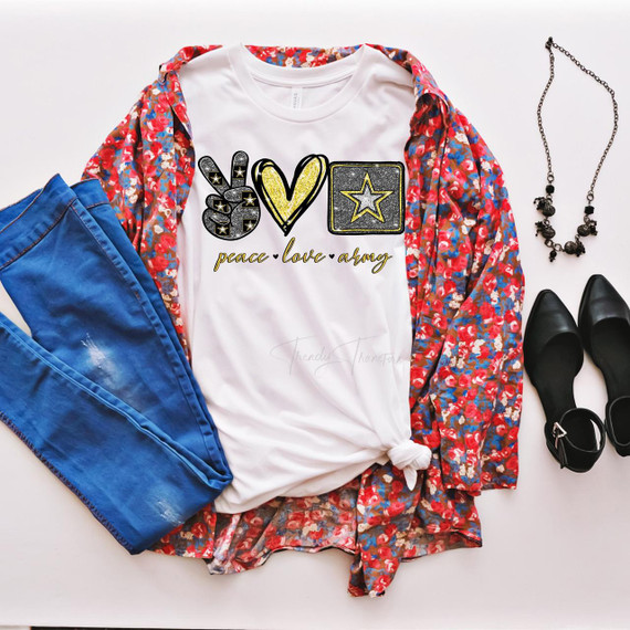 Peace Love Army glitter heart Sublimation Transfer, a graphic design featuring glittery symbols for peace, love, and army with text on a white T-shirt surrounded by blue jeans, a floral jacket, black shoes, and jewelry.