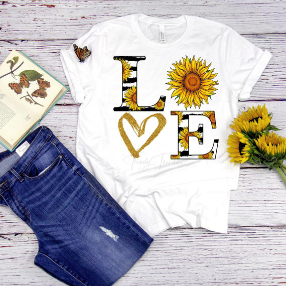 Sunflower Love word art Sublimation Transfer, white T-shirt featuring sunflower-themed LOVE text with sunflower images and golden heart design for craft and apparel customization.