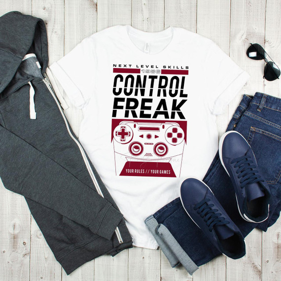 Control Freak video game controller retro Sublimation Transfer T-shirt, graphic design of a classic game controller with text and art.