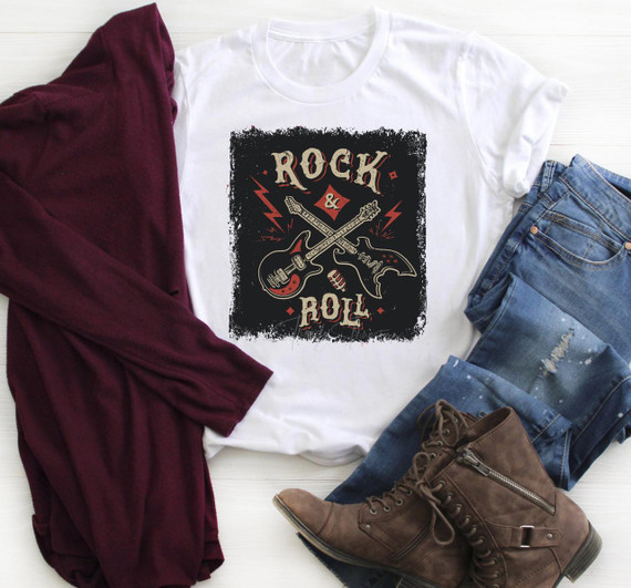 Rock N Roll Sublimation Transfer, a fabric transfer featuring a rock and roll guitar design with crossed guitars and bold text, ideal for customizing clothing.