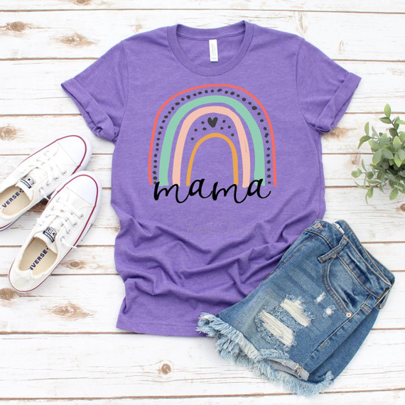 MAMA Rainbow Screen Print Heat Transfer, purple T-shirt with colorful rainbow design and 'mama' text, casual outfit. 