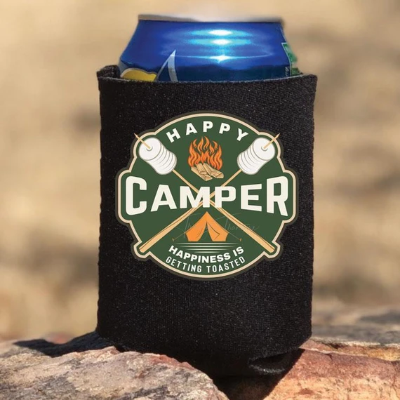 Happy Camper POCKET Screen Print Heat Transfer, portable can cooler with camping and happiness-themed design.