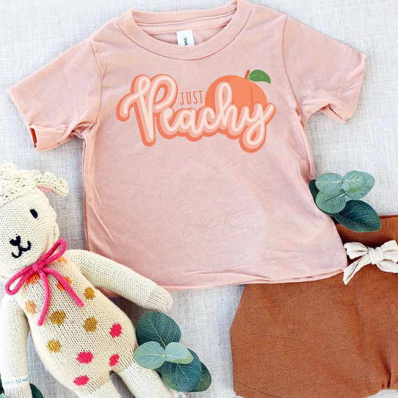 Just Peachy YOUTH Screen Print Heat Transfer, pink children's t-shirt with peach graphic and slogan.