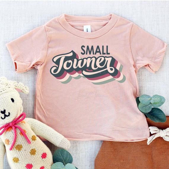 Small Towner YOUTH Screen Print Heat Transfer, pink children's t-shirt with a colorful graphic design