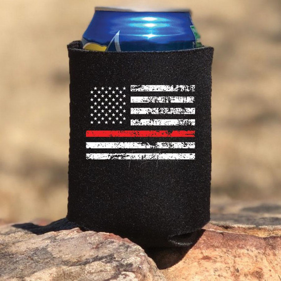 Thin Red Line HAT/CAN HUGGER Screen Print Heat Transfer, a black fabric can hugger with a distressed American flag design featuring a red line across the stripes.