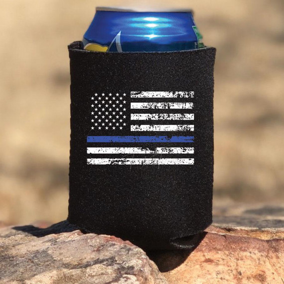 Thin Blue Line Flag HAT/POCKET/CAN HUGGER Screen Print Heat Transfer with American flag design and blue line, used as a can or bottle hugger.