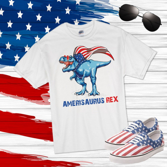 Dino Dinosaur Trex Amerisaurus rex fireworks Patriotic 4th of July Sublimation Transfer