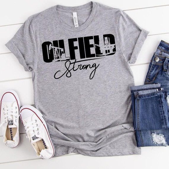 Oilfield Strong Screen Print Heat Transfer, graphic t-shirt with oilfield equipment silhouette and 'Strong' text design.