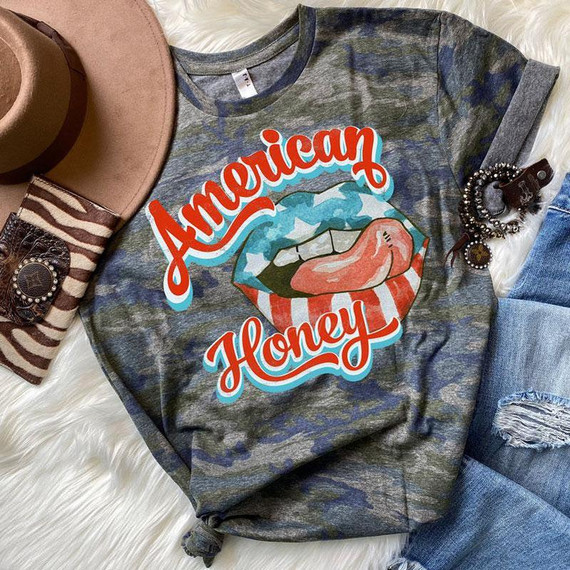 American Honey Lips ADULT Screen Print Heat Transfer, graphic T-shirt with a colorful lip and tongue design on gray marbled fabric.