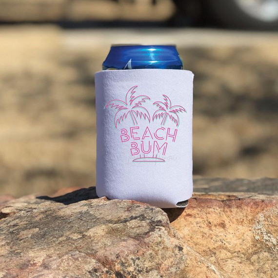 Beach Bum HAT/CAN HUGGER Screen Print Heat Transfer on a light-colored can koozie.