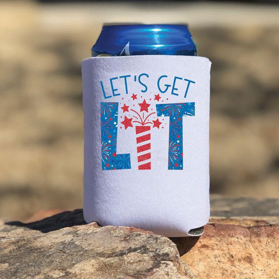 Let's Get Lit POCKET/CAN HUGGER Screen Print Heat Transfer, beverage can cooler with patriotic firework design and text for Independence Day celebrations.