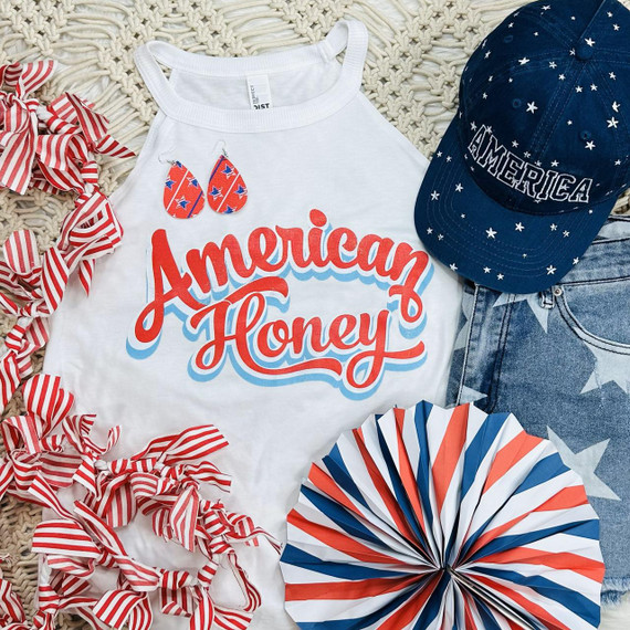 American Honey Screen Print Heat Transfer, patriotic themed clothing and accessories with red, white, and blue colors, including a t-shirt, hat, and decorative paper fan.