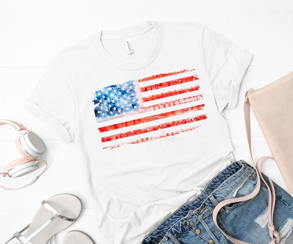 Tie dye flag USA Patriotic Sublimation Transfer, white T-shirt featuring a colorful American flag design with tie dye effects.