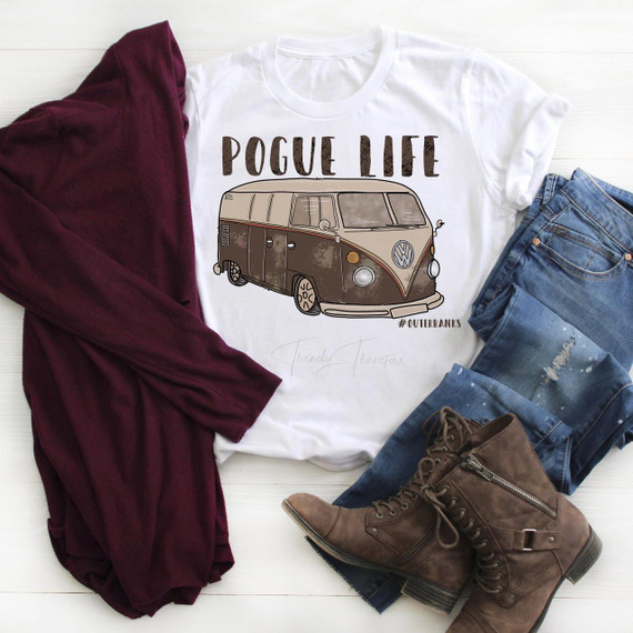 Pogue Life Outer Banks TV show fan art sublimation transfer on a white T-shirt, featuring a vintage Volkswagen van illustration with the text Pogue Life and hashtag #OuterBanks.