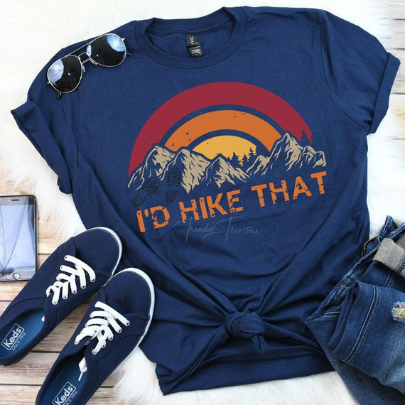 I'D Hike That Screen Print Transfer, blue t-shirt with mountain and sunset graphic design and text.
